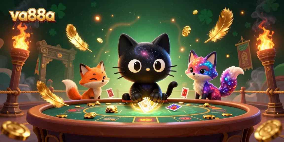 va88a showcases a cosmic casino scene with a black hole cat pulling in golden chips, highlighting vibrant gambling excitement.