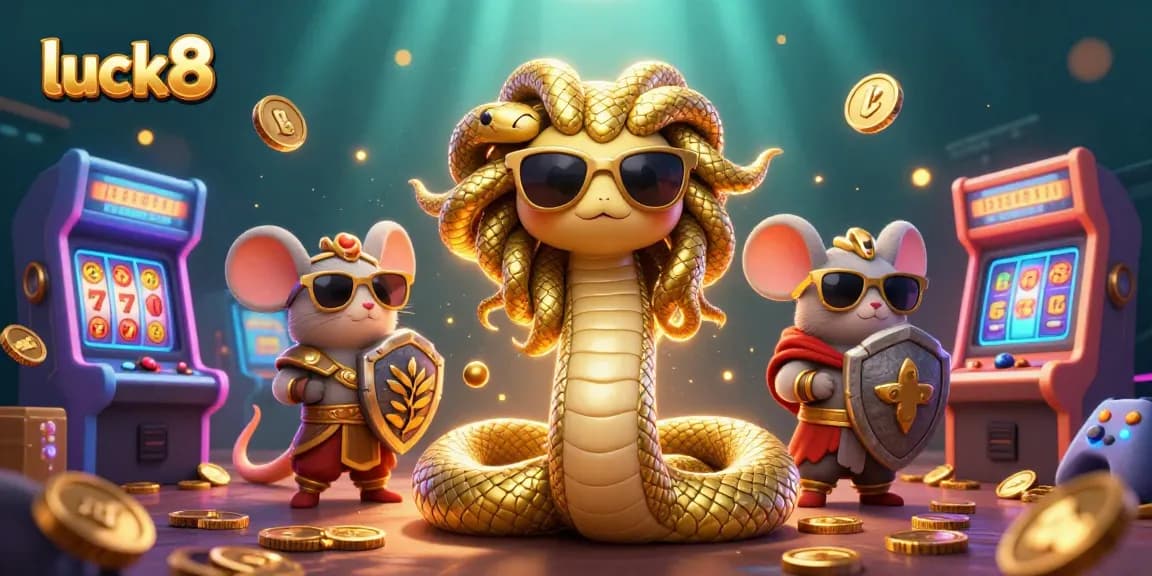 Experience luck8's casino magic with Medusa and a warrior mouse amidst colorful slot machines.