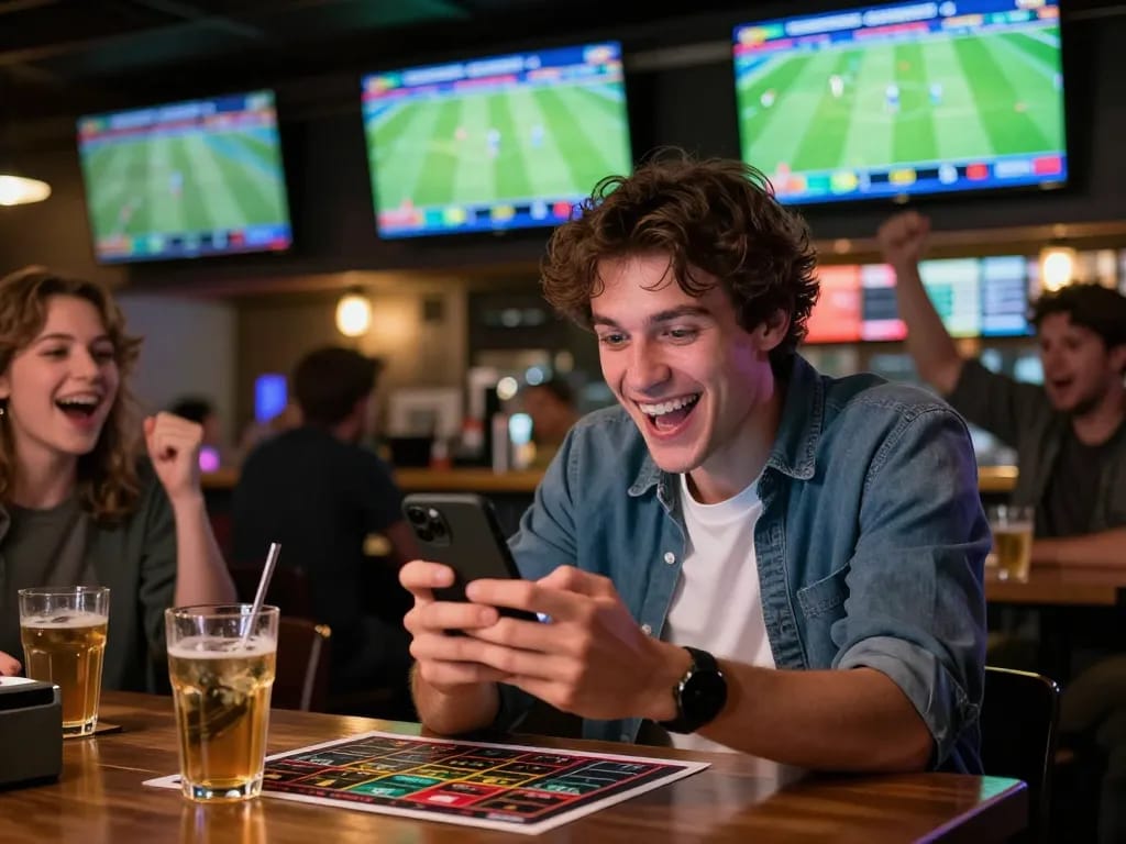 Betting enthusiast engaging with smartphone at 7m-7m sports bar during live matches.