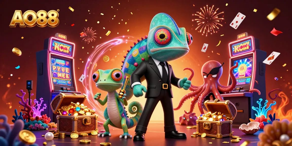 AO88 vibrant illustration showcasing a thrilling casino scene with secret agent characters and dynamic elements.