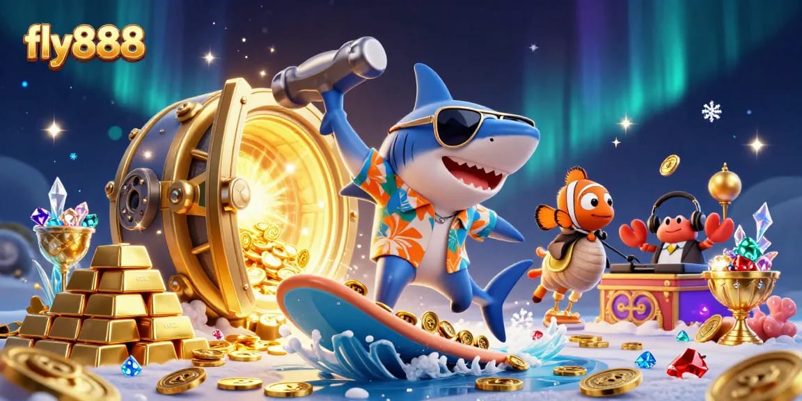 Join the excitement at fly888 with vibrant characters amidst a treasure-filled casino scene.