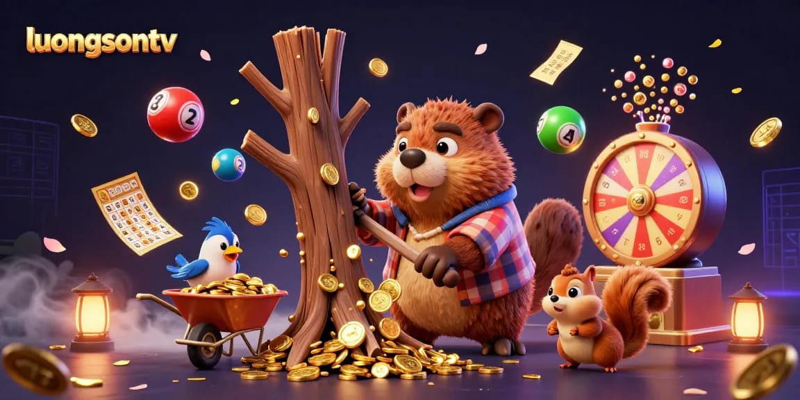 Experience lottery thrills with luongsontv as a beaver rains gold while a bird collects coins and a squirrel stacks acorns.