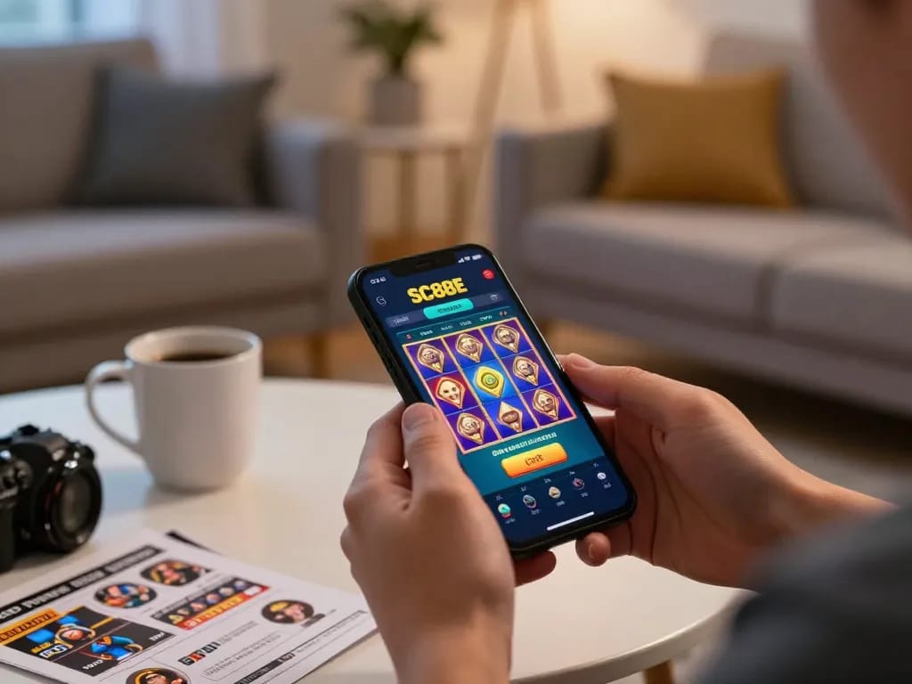 Player engaging with the SC88E mobile casino app, enjoying a vibrant slot game experience from home.