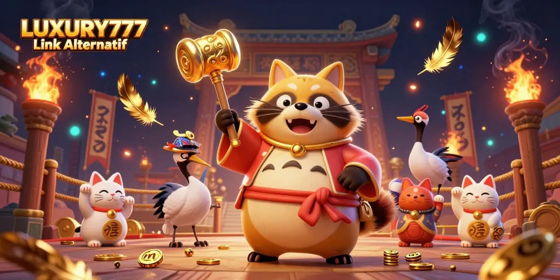 Menangkan peluang dengan LUXURY777 Link Alternatif, ilustrasi kasino menarik dengan tanuki dan kucing keberuntungan.