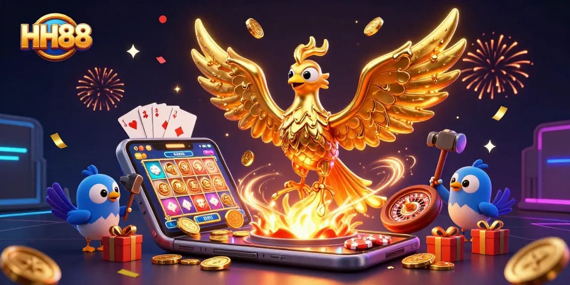 Experience thrilling gameplay at HH88 with a dynamic scene of a golden phoenix, slots, and excitement.