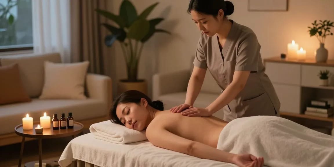 Expert 종로출장마사지 therapy session in a serene home setting with warm candlelight and soothing atmosphere.