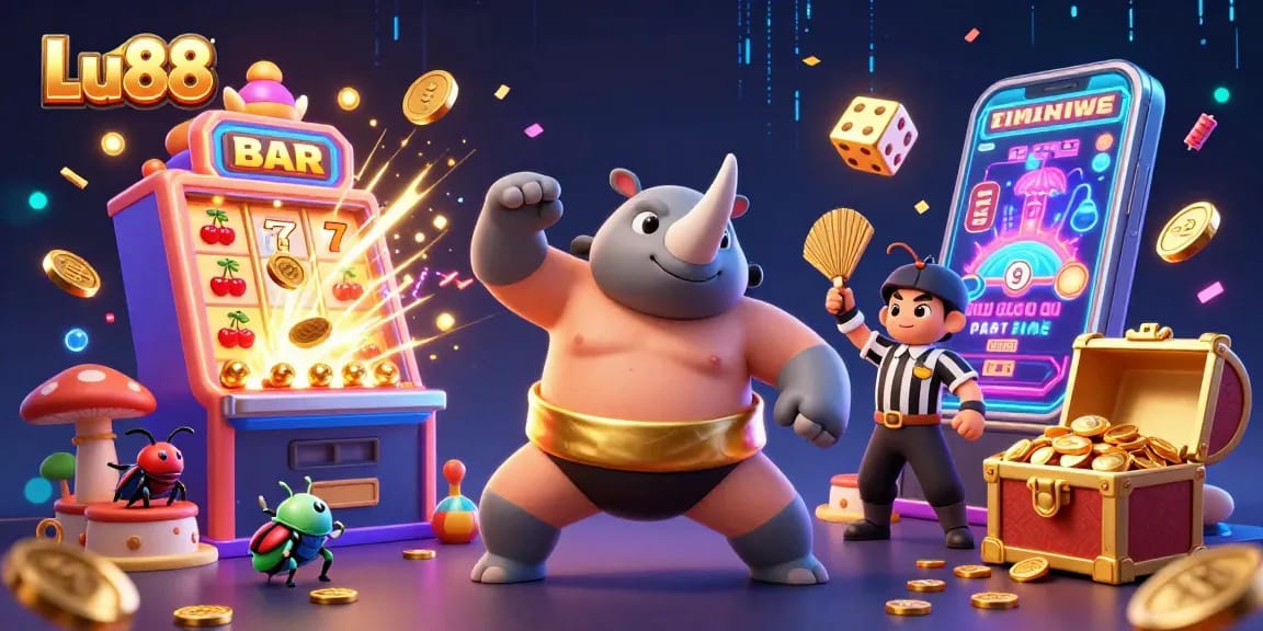 Experience the thrill of Lu88 with a vibrant casino scene showing a sumo champion beetle amidst a jackpot explosion.