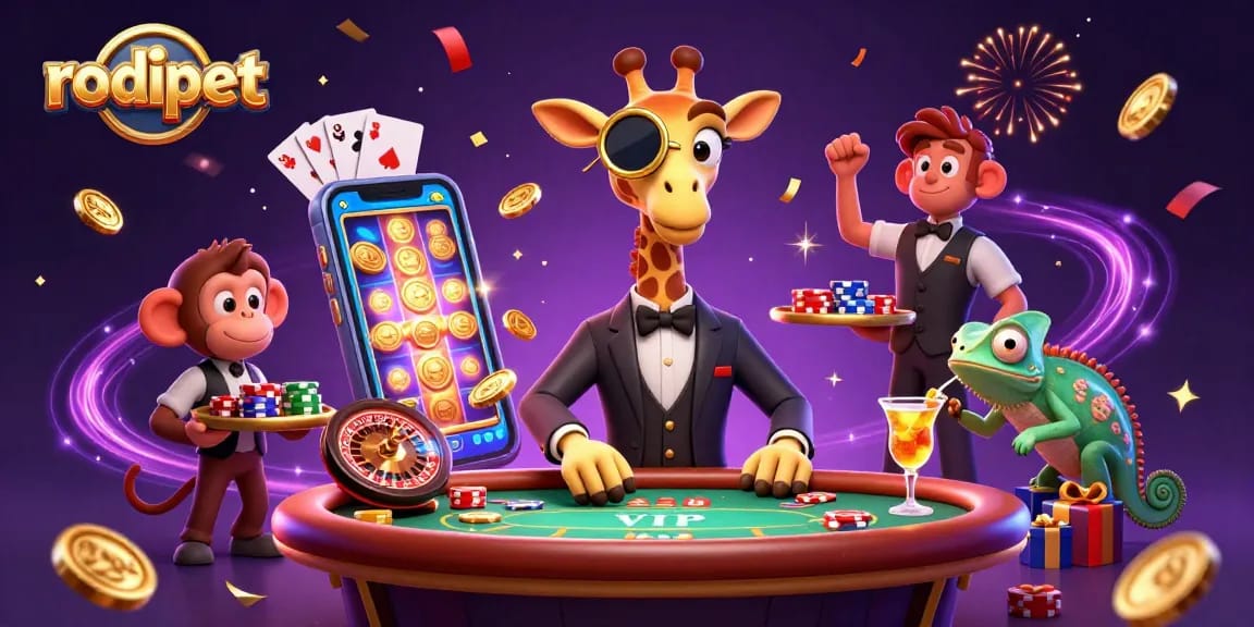 Experience the thrill of rodipet gaming with vibrant 3D characters celebrating at a poker table.