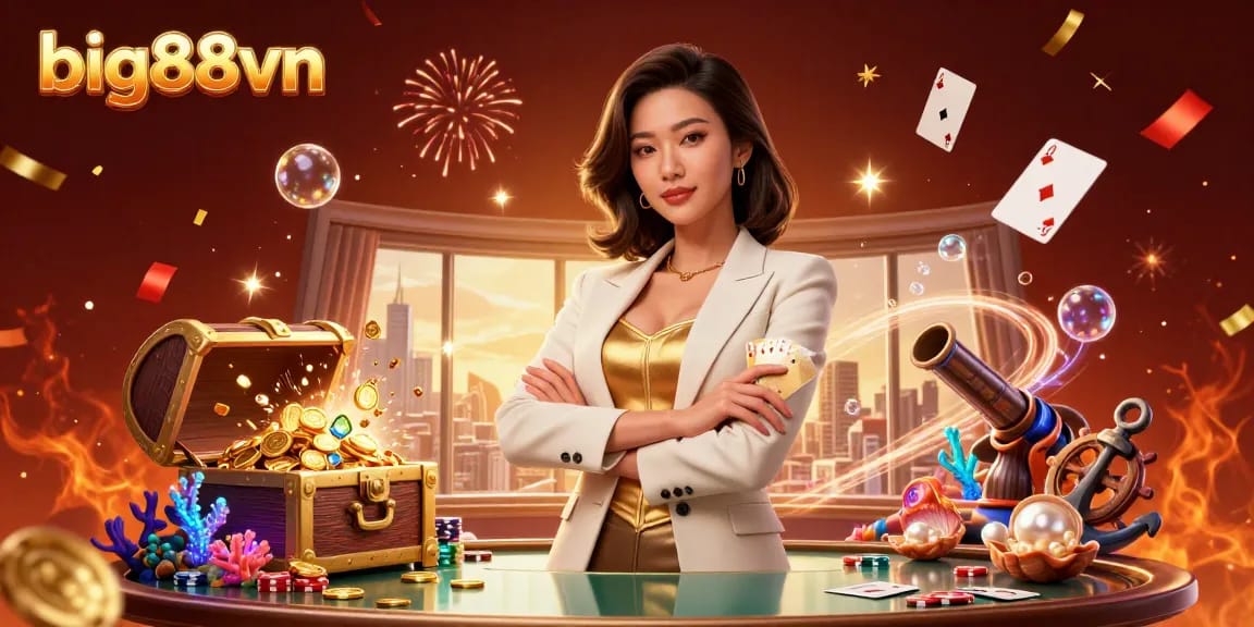 Experience big88vn gaming with a glamorous Asian woman revealing her winning hand of golden poker cards.