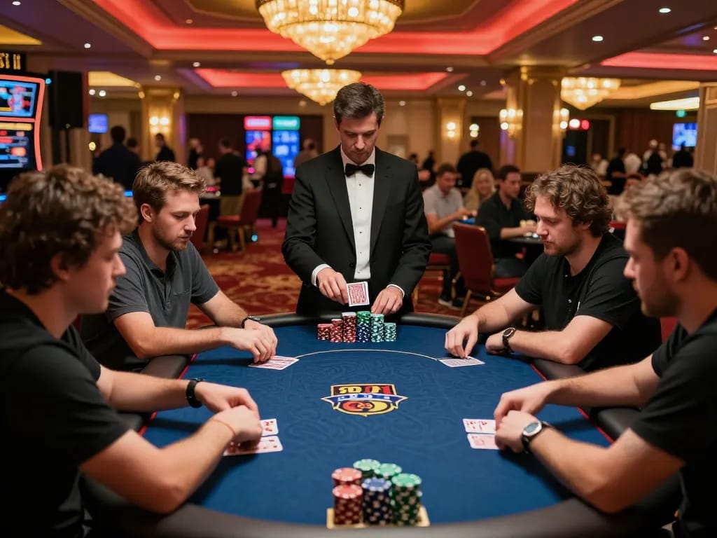 Players engaging in high-stakes poker at 99OK casino, showcasing intense gameplay and strategy.