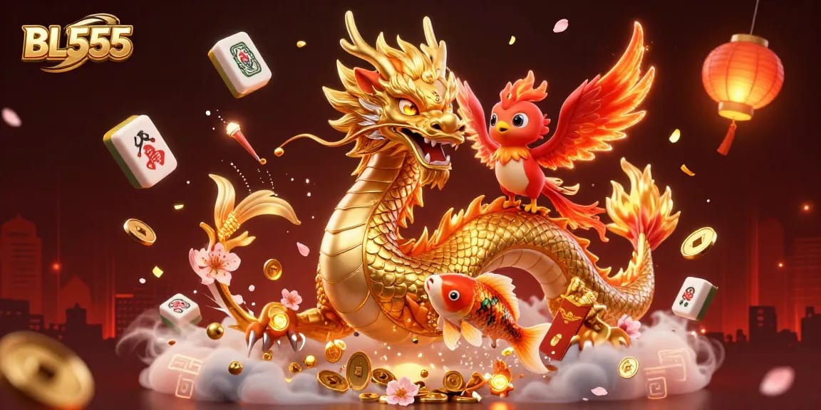 Experience winning with BL555, featuring a golden dragon, phoenix, and koi fish in a rich casino scene.