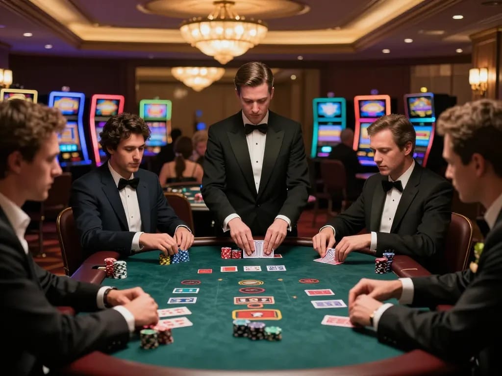Players strategizing at a blackjack table in a luxurious casino, showcasing nohu gaming excitement and elegance