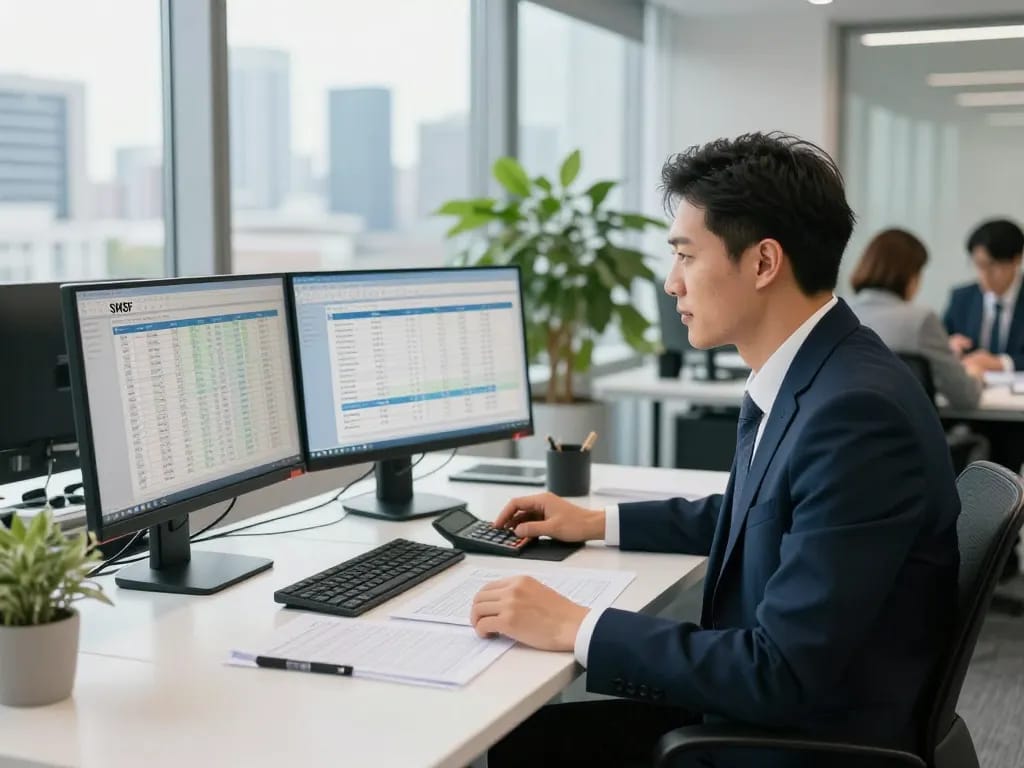 SMSF Accountants analyzing financial data in a modern office.