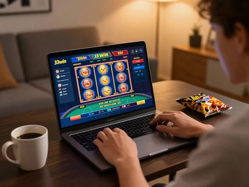 Engaging online gameplay on 33win showcasing vibrant slot games in a cozy home setting.