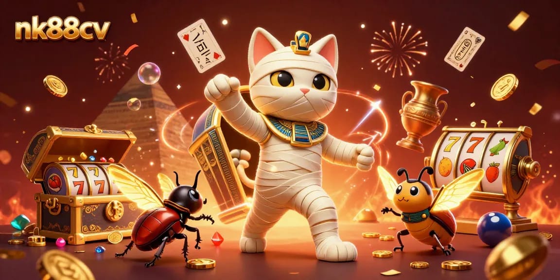 Explore exciting jackpots at nk88cv with the Egyptian mummy cat amidst casino treasures.