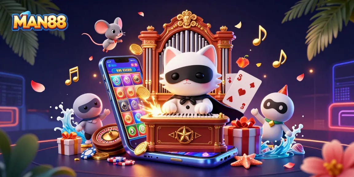 Engage with MAN88's vibrant casino scene featuring a mysterious cat at a pipe organ and dynamic game elements.