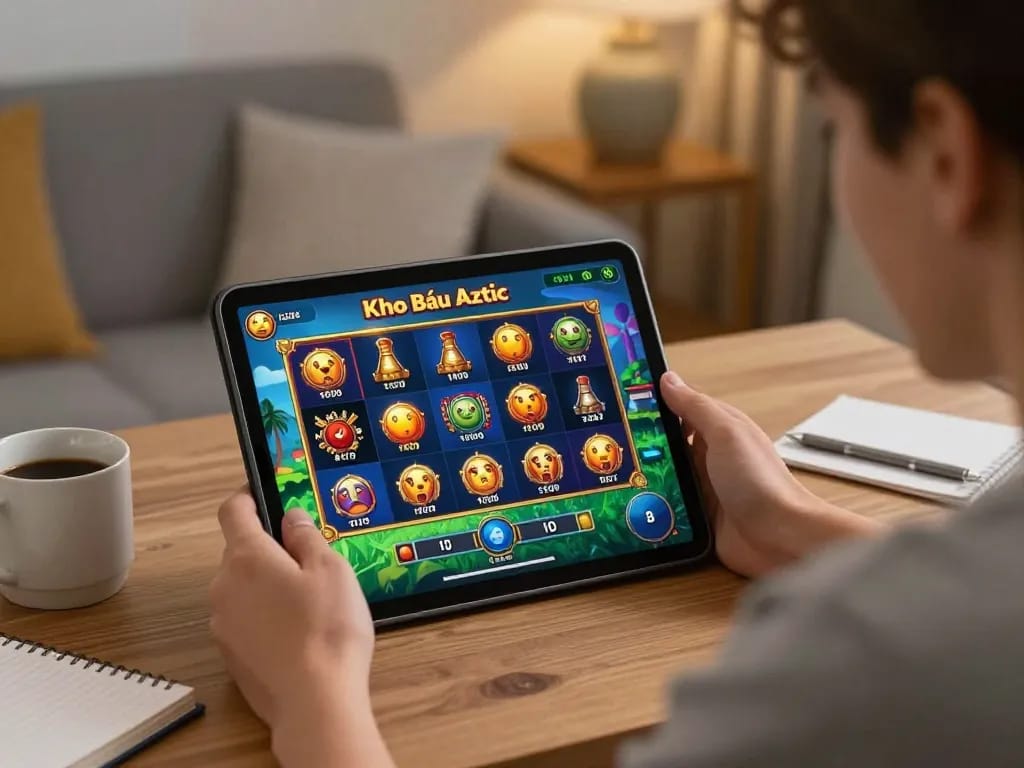 Engaging gameplay of Kho Báu Aztec slot game on tablet in a cozy home setting