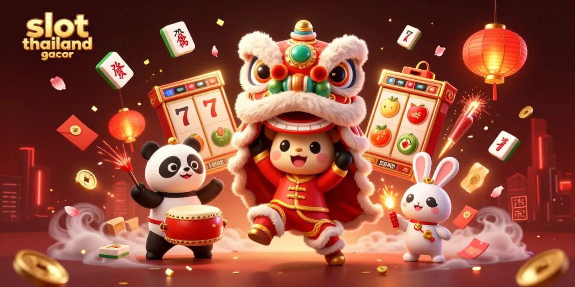 Engage with slot thailand gacor in this vibrant 3D illustration showcasing dynamic symbols and festive elements.