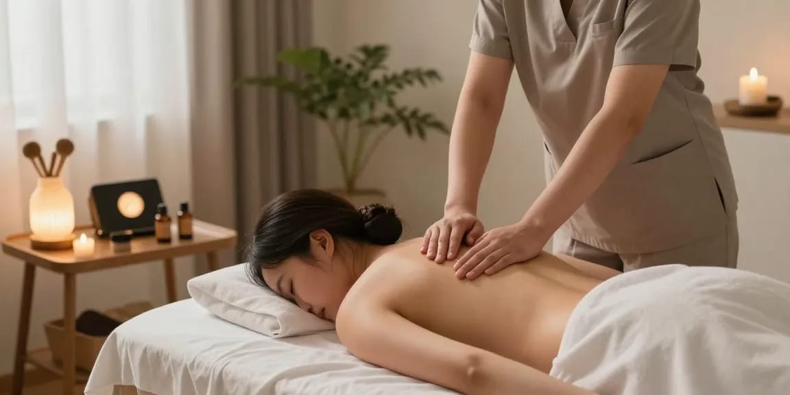 Experience a soothing 부천출장마사지 in a relaxing home ambiance with serene lighting and massage tools.