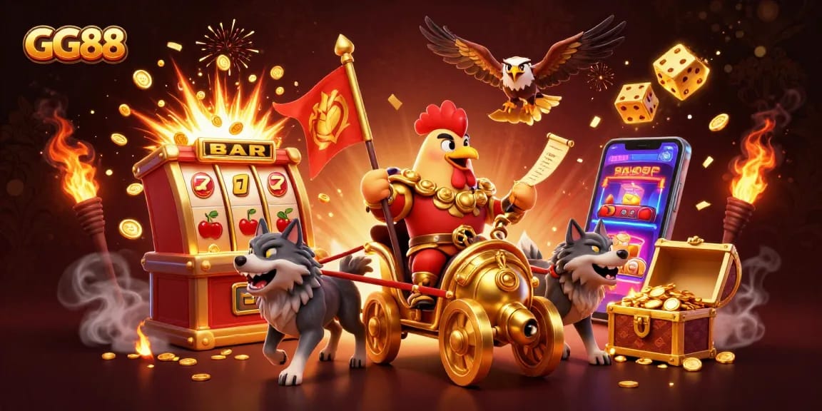 Win big at GG88 with a dynamic scene showcasing a golden war chariot and explosive casino symbols.