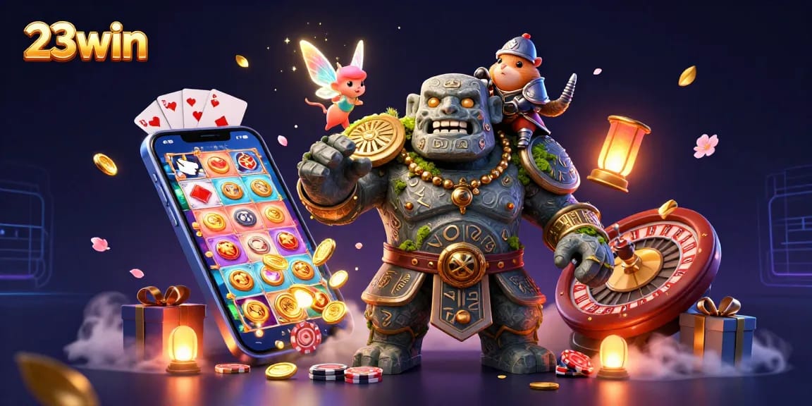 Engaging illustration of 23win's gaming fantasy with a golem, fairy, and knight showcasing fun and excitement in casino experiences.