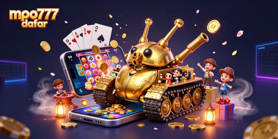 Engaging scene featuring mpo777 daftar with a golden beetle tank, casino displays, and slot games.