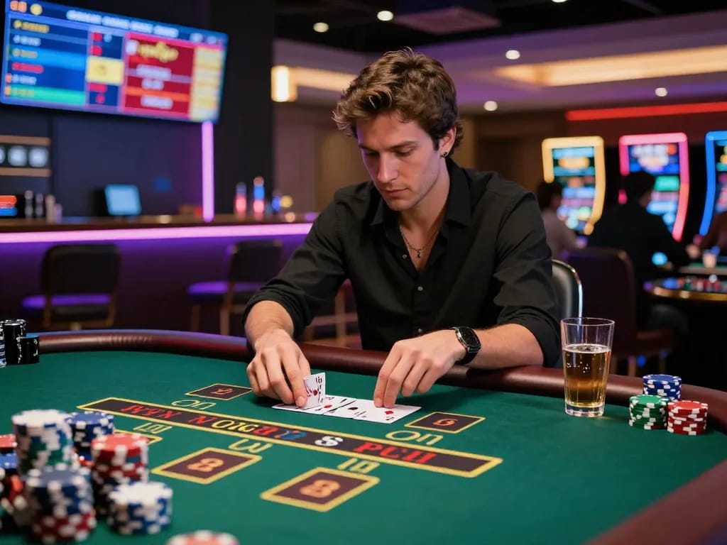 Player strategizing in tr88 blackjack game with colorful chips and vibrant neon atmosphere.