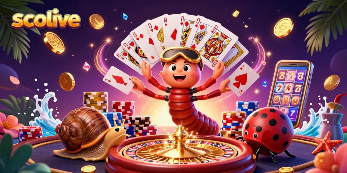 Socolive offers a vibrant 3D scene showcasing a millipede dealer and excited characters celebrating with cascading coins.