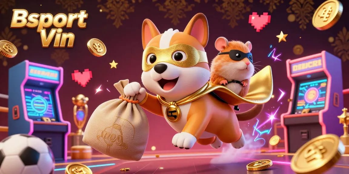 Bsport Vin sports betting excitement with 3D superhero dog, gold coins, and vibrant gaming elements.
