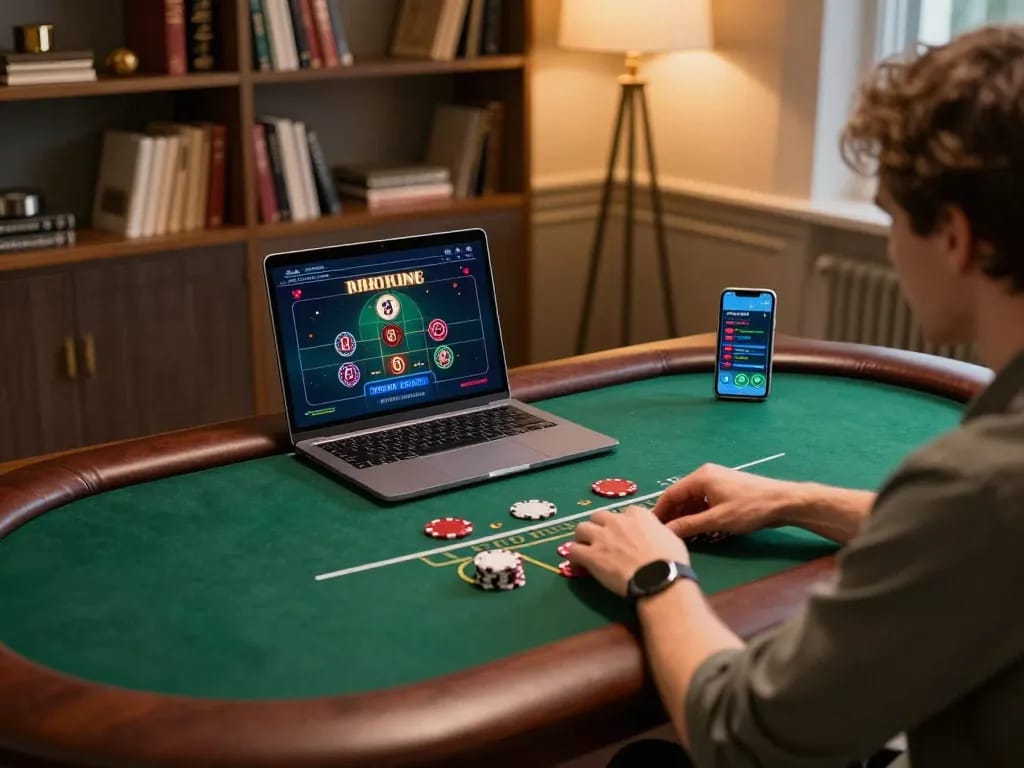 Engaging in a live dealer game at home, highlighting casino europei online atmosphere for strategic playing