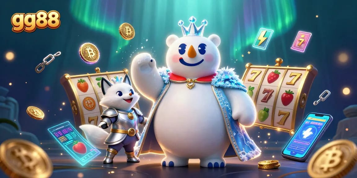 Engage with gg88's thrilling slot games featuring a dazzling polar bear and snow fox in a vibrant casino scene.