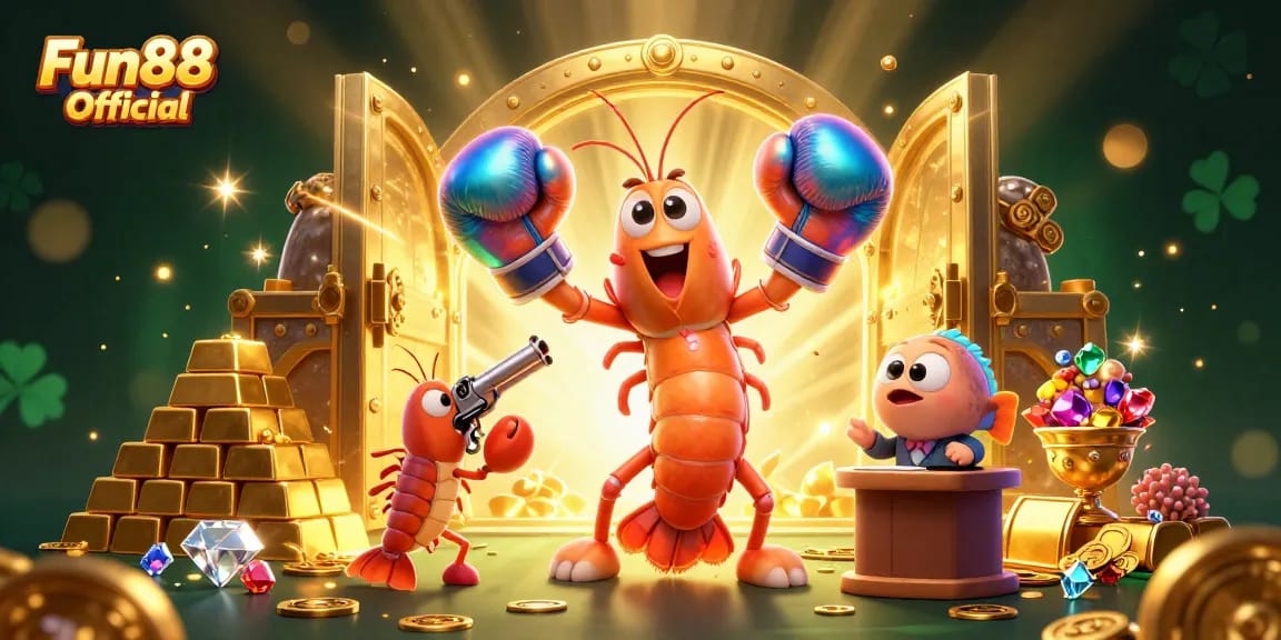 Experience the excitement at Fun88 Official with dynamic cartoon sea creatures showcasing riches in a vibrant casino setting.
