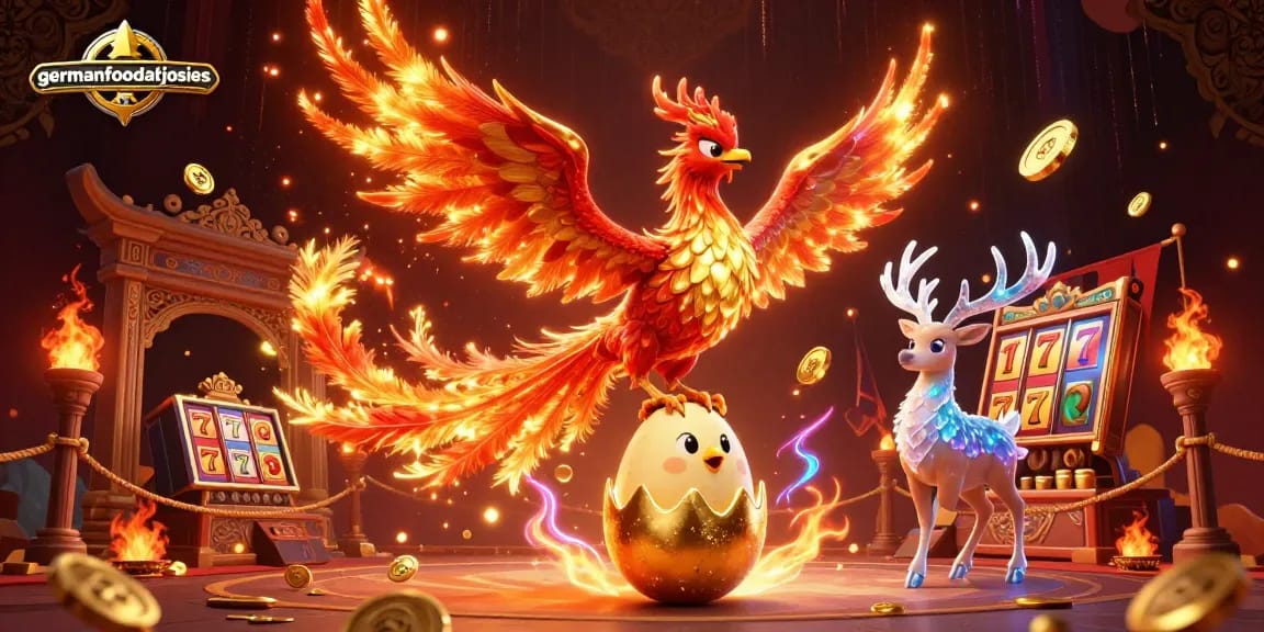 Spin big wins with germanfoodatjosies' vibrant 3D casino scene featuring phoenixes and slot reels.