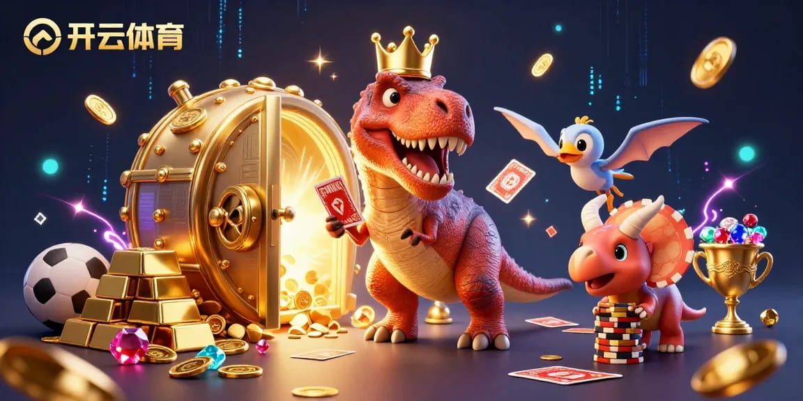 Engage with the 3D cartoon scene featuring 开云体育 where the T-Rex shuffles cards, highlighting vibrant casino excitement.