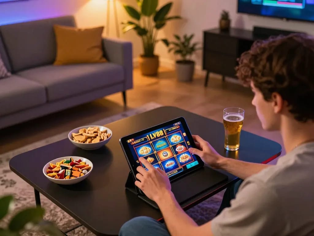 Player enjoying LV88 slots on tablet in a cozy home environment with snacks and warm lighting