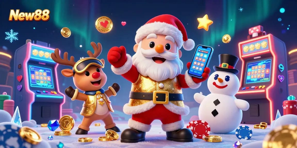 Engage with New88 as Santa spins the jackpot slots alongside his reindeer dealer.