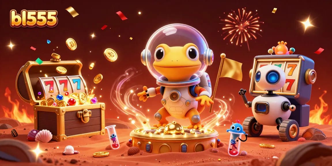 Engage in thrilling gameplay with bl555 at a golden casino on Mars, featuring vibrant scenes and animated characters.