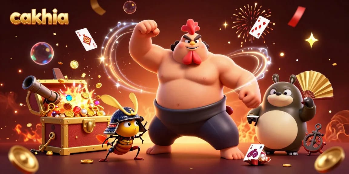 Cakhia showcases a lively 3D cartoon scene with a powerful sumo wrestler and fierce cricket, highlighting exciting gambling with treasure and action.