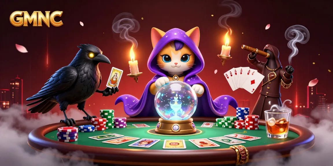 Experience GMNC's vibrant gambling scene with mystical characters at a poker table.