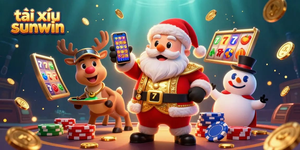 Join the fun at tài xỉu sunwin as Santa spins the jackpot slots amidst vibrant casino excitement.
