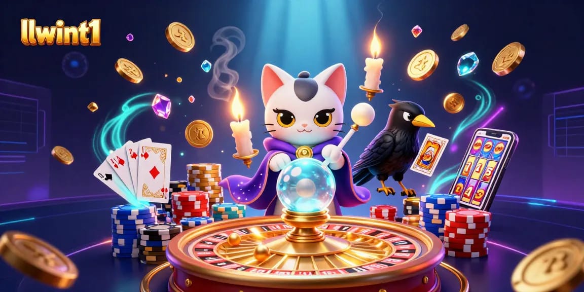 Experience the thrill of llwint1 with our dynamic casino illustration featuring games, fortune tellers, and vibrant visuals.