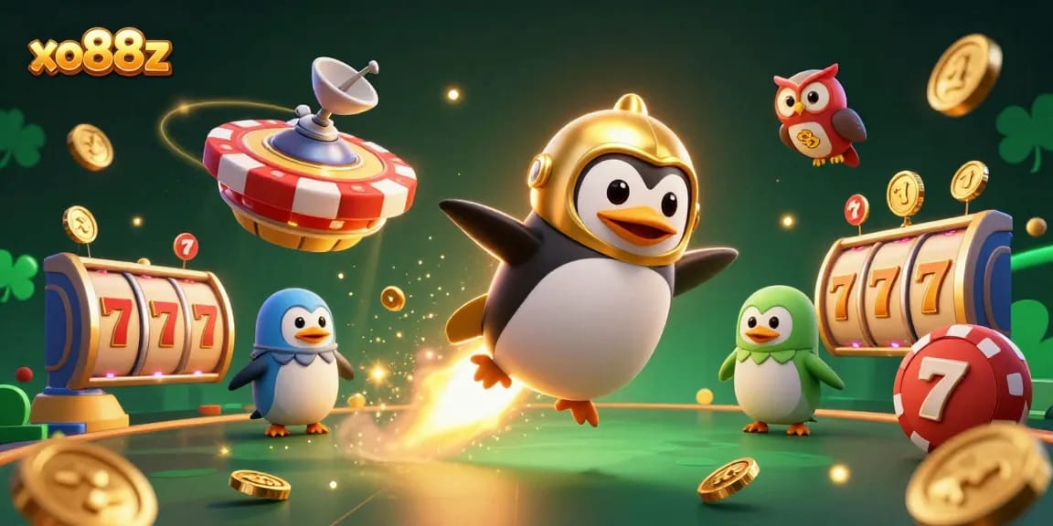 Launch into exciting gaming adventures with xo88z, featuring a golden penguin and casino elements.