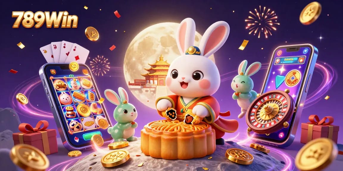 Experience the excitement of 789Win with a captivating 3D illustration of a moon rabbit revealing poker chips.