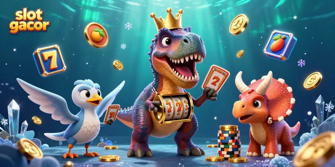 Menangkan permainan slot gacor dengan simbol keberuntungan, T-Rex, dan chip emas berkilau.
