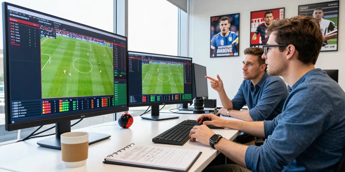 Sports analyst reviewing ty le keo data in a modern office