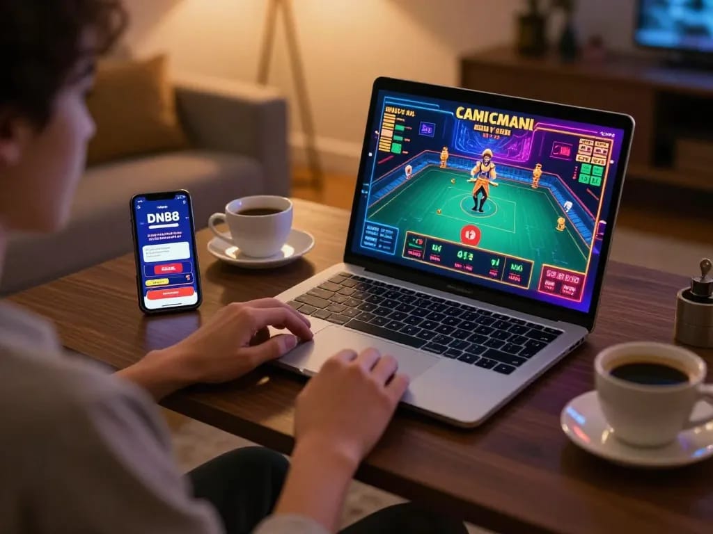 Player enjoys DN88 online casino game on laptop with vibrant graphics in cozy home setting