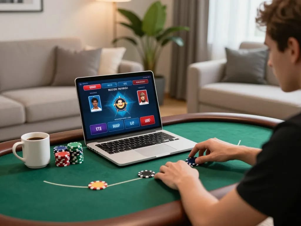 Player strategizing at home while enjoying 789win01 online poker game, showcasing a responsible gaming atmosphere.