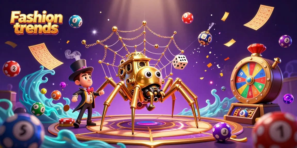Engage with fashion trends in the casino scene, featuring a steampunk spider web with dice, lottery balls, and vibrant game elements.