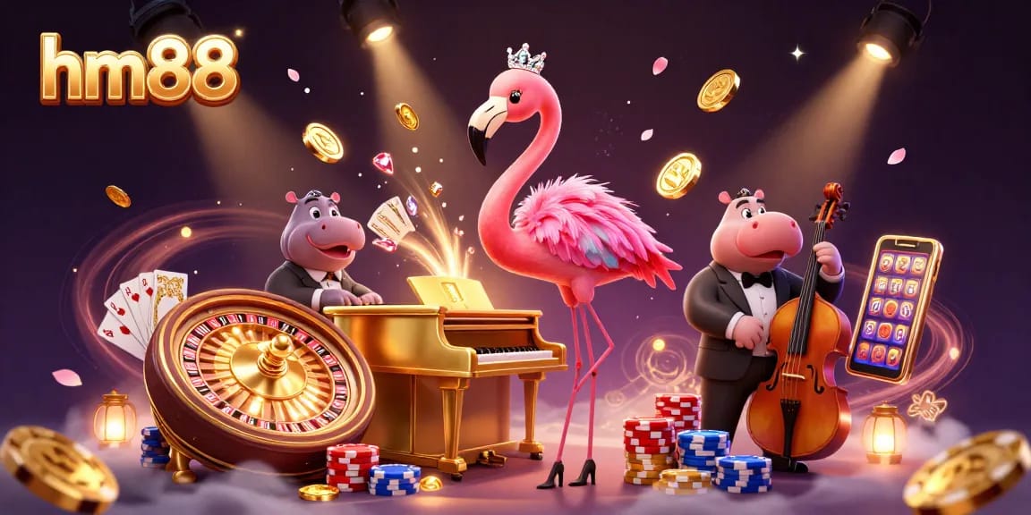 Experience the excitement of hm88 with lively characters surrounded by vibrant casino elements.