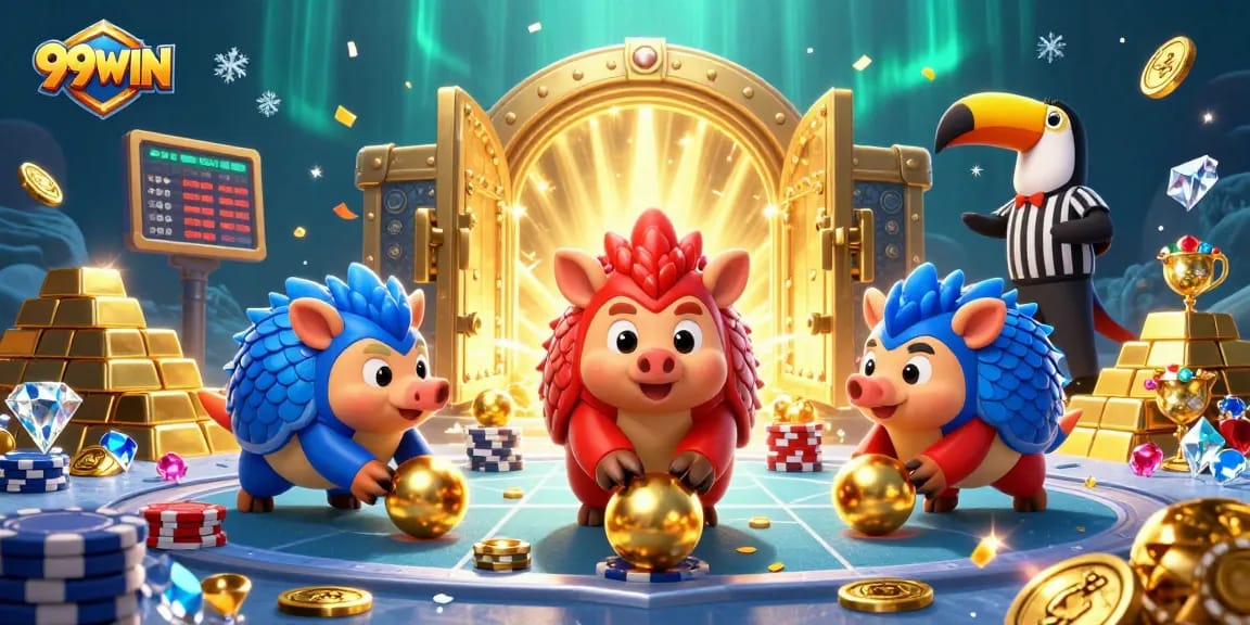 Join the excitement at 99WIN as rival pangolins compete in a vibrant casino game scene.